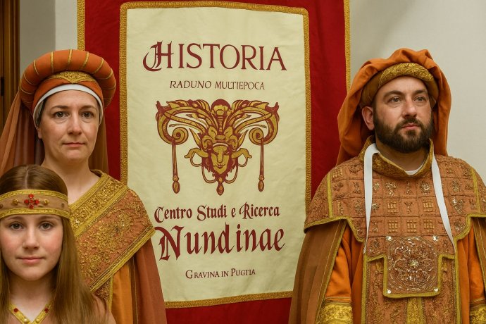 Rievocatori in costumi medievali davanti allo stendardo di Historia a Gravina in Puglia