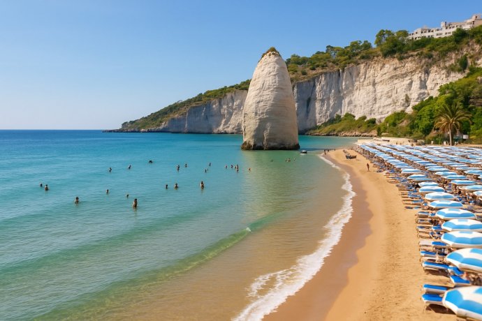 Spiaggia della Scialara a Vieste con Pizzomunno, ombrelloni chiari e mare turchese