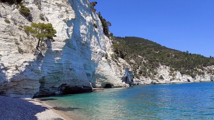 Falesie bianche e mare turchese della spiaggia di Vignanotica a Mattinata, Gargano