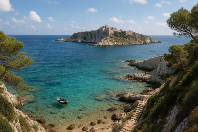 Panorama Tremiti: San Nicola con abbazia, mare turchese, falesie bianche e pini d’Aleppo.