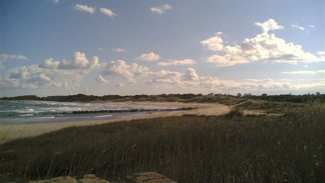 Torre Guaceto: dune costiere, mare Adriatico e cielo nuvoloso nella riserva.
