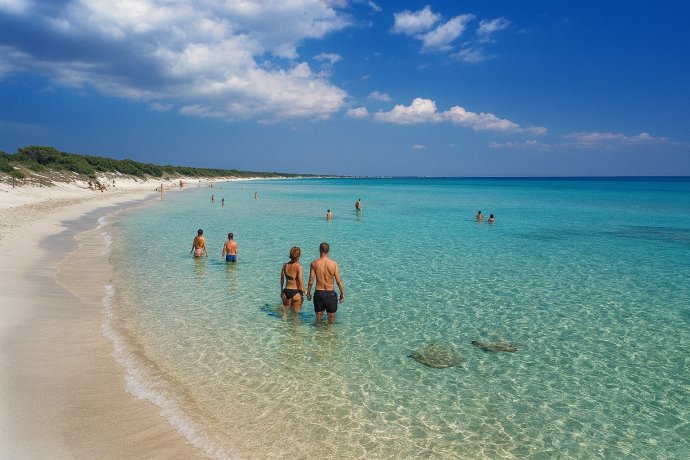 Punta Prosciutto con mare trasparente e bagnanti in acqua, sabbia bianca e dune verdi