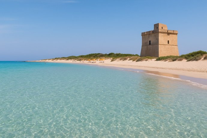 Torre Lapillo con acqua cristallina, dune e Torre di San Tommaso