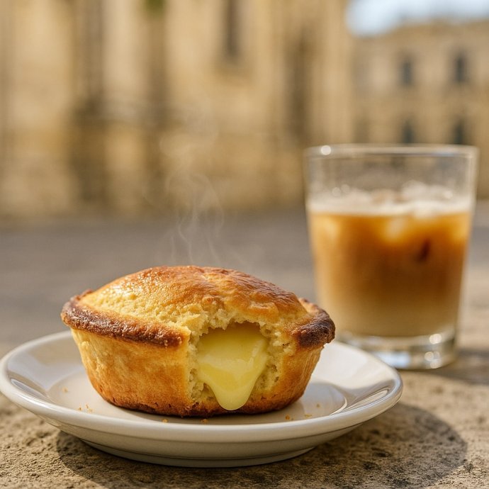 Pasticciotto leccese caldo con crema a vista e caffè in ghiaccio, sfondo barocco di Lecce