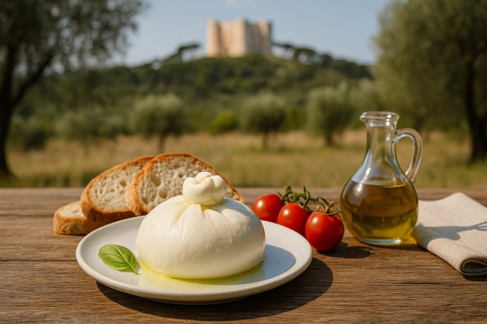 Burrata di Andria IGP su tavolo rustico con olio EVO, pane di Altamura e Castel del Monte