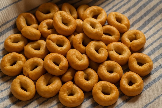 Taralli pugliesi su strofinaccio a righe ecrù e blu