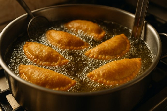 Sei panzerotti dorati che friggono in olio in padella d’acciaio, con termometro e schiumarola.