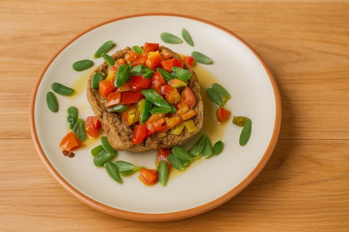 Frisedda pugliese con pomodorini e portulaca su piatto in ceramica, tavolo in legno chiaro.