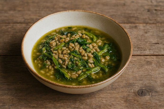 Zuppa di farro e cime di rapa in piatto rustico su tavolo di legno grezzo