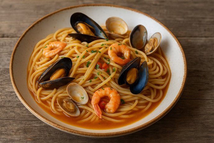 Vermicelli ai frutti di mare pugliesi in piatto rustico su tavolo di legno