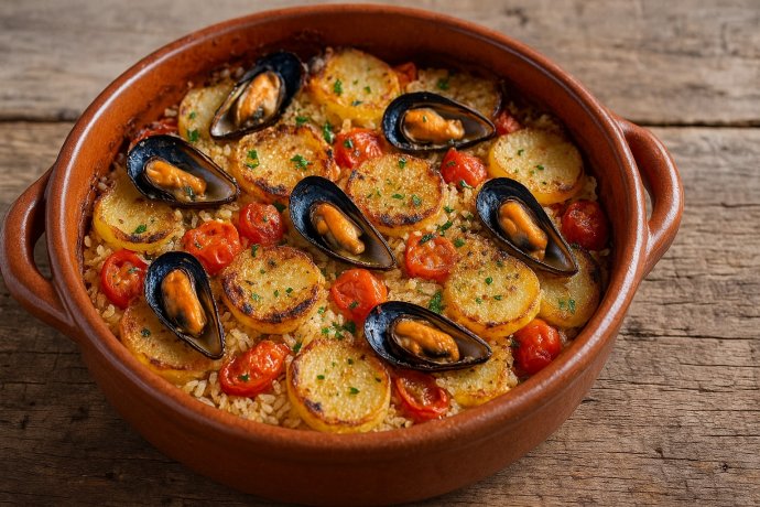 Tiella barese riso, patate e cozze in teglia di terracotta, gratinata su tavolo rustico.