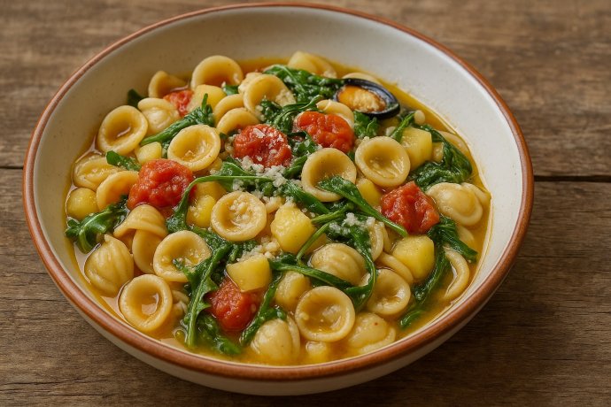 Orecchiette Bandiera con patate, rucola, pomodoro e cacioricotta in ciotola rustica.