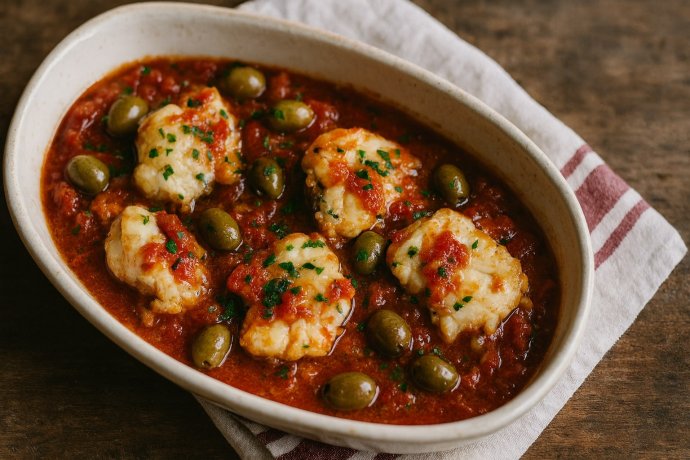 Terrina ovale con bocconi di pescatrice in umido, salsa di pomodoro e olive verdi