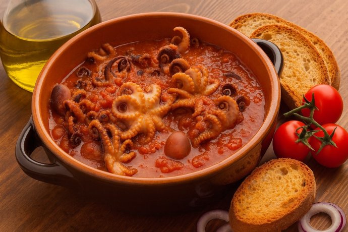 Polipetti in pignata con salsa di pomodoro e fette di pane di Altamura biscottato