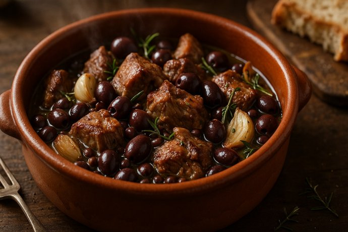 Spezzatino di agnello alle olive pugliese in tegame di terracotta con rosmarino e aglio