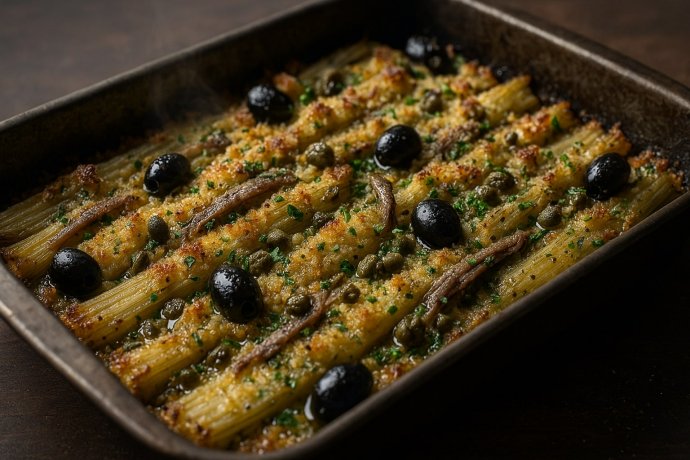 Cardi alla brindisina al forno con olive nere e capperi, tipica ricetta pugliese in teglia