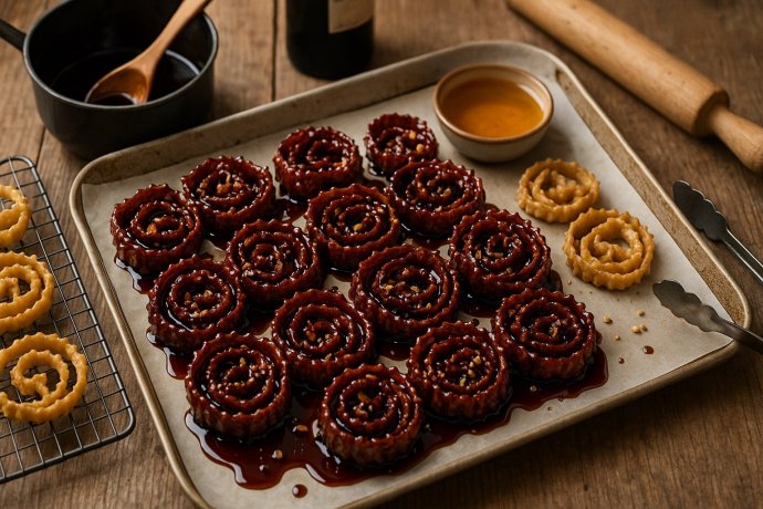 Cartellate pugliesi glassate al vincotto su teglia, dolce natalizio tipico della Puglia