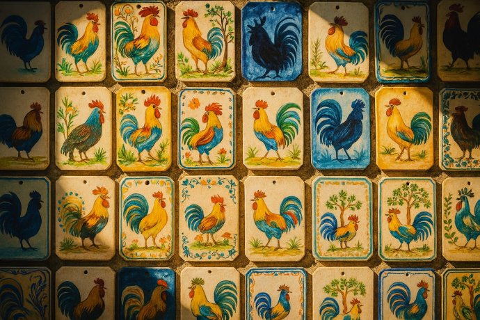 Piastrelle di Grottaglie con galli dipinti a mano nel Quartiere delle Ceramiche