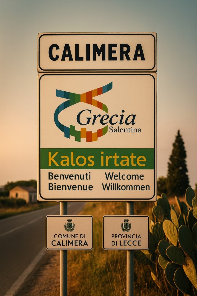 Calimera, cartello 'Kalos irtate' in Griko nella Grecia Salentina, strada rurale e fichi d’India