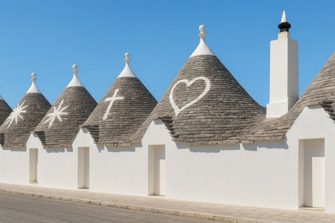 Trulli di Alberobello con simboli bianchi sui coni