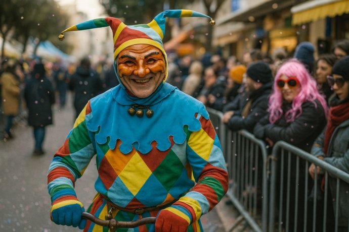 Farinella di Putignano in costume arlecchino multicolore tra la folla al Carnevale