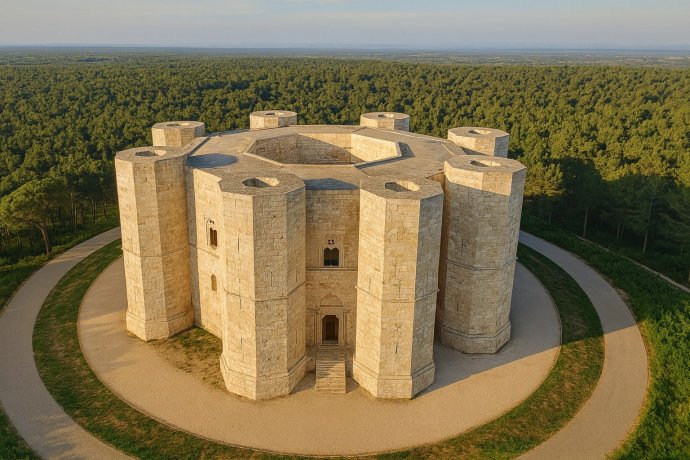 Veduta aerea di Castel del Monte al tramonto, fortezza ottagonale in Puglia