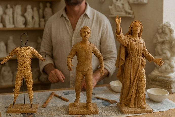 Tre statue di cartapesta leccese in lavorazione su banco, artigiano sullo sfondo.