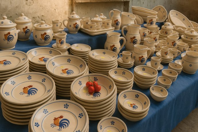 Ceramiche di Cutrofiano con decoro del gallo: piatti e brocche in bottega