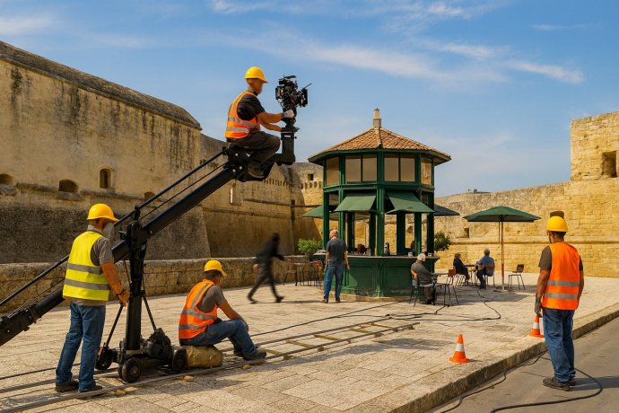 Set cinematografico in piazza pugliese: camera su gru, chiosco verde e mura storiche.