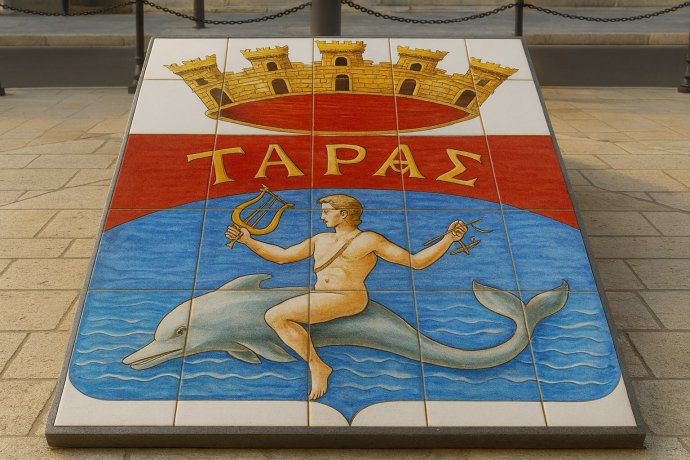 Stemma ceramico di Taranto: Taras sul delfino, corona muraria e scritta greca ΤΑΡΑΣ.