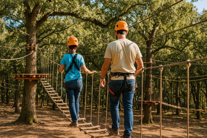 Adulto e bambino di spalle su ponte tibetano in parco avventura tra querce, caschi e imbraghi.
