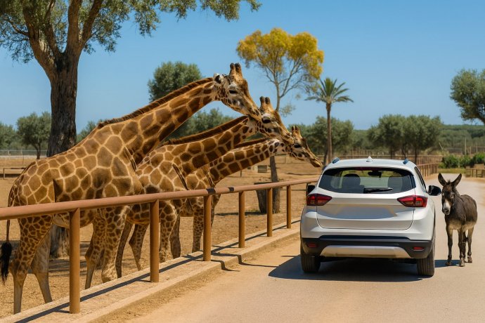 Giraffe si sporgono verso un’auto e un asinello allo Zoosafari di Fasano, Puglia