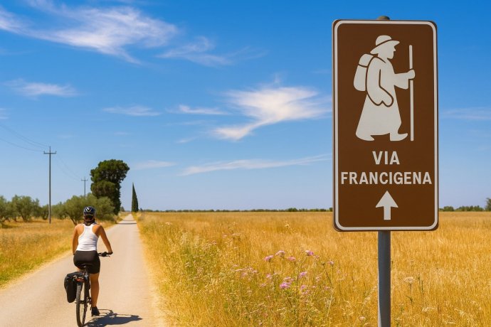 Ciclista sulla Via Francigena del Sud tra campi dorati e cartello marrone verso S. Maria di Leuca.