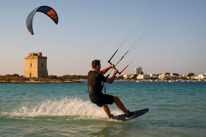 Kitesurfer in planata a Porto Cesareo con torre costiera sullo sfondo