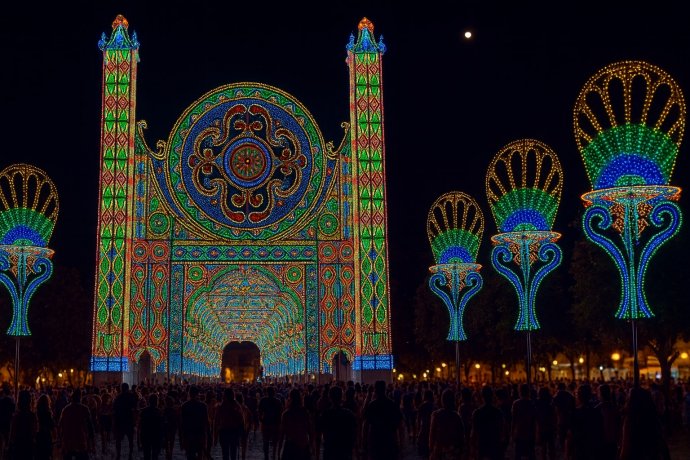 Scorrano di notte: portale di luminarie per Santa Domenica, torri e folla in piazza.