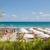 Spiaggia con ombrelloni bianchi, persone in riva al mare e vegetazione verde in primo piano.