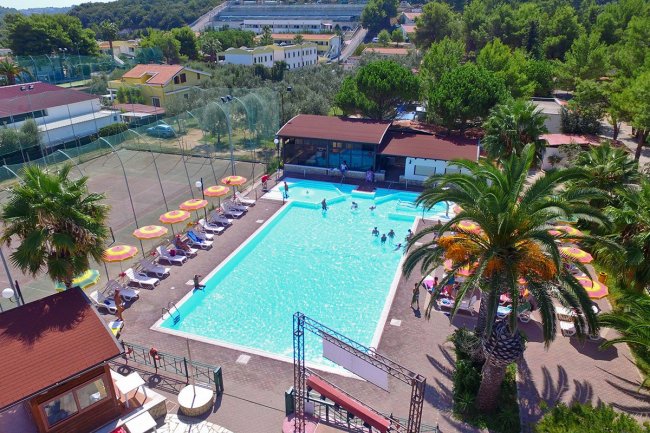 Vista aerea di una piscina rettangolare con lettini e ombrelloni colorati.