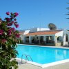 Piscina vicino a un edificio con fiori rosa.