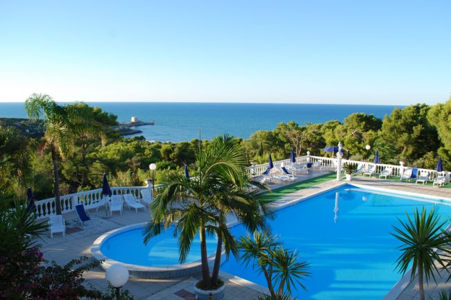 Piscina con vista sul mare e vegetazione.
