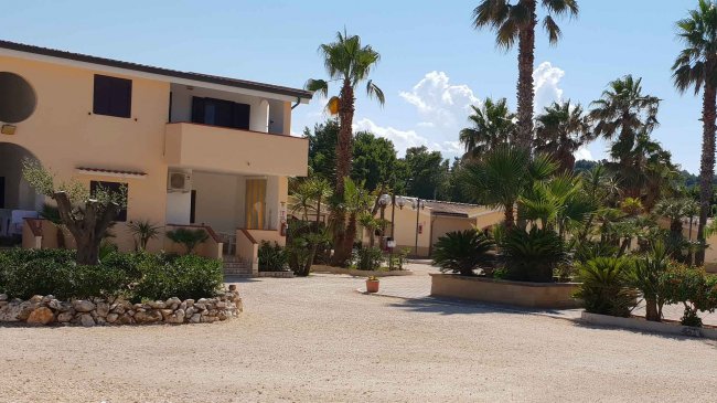 Edifici residenziali con palme e cortile.