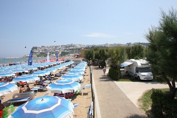 Spiaggia con ombrelloni blu, vicino a un sentiero alberato.
